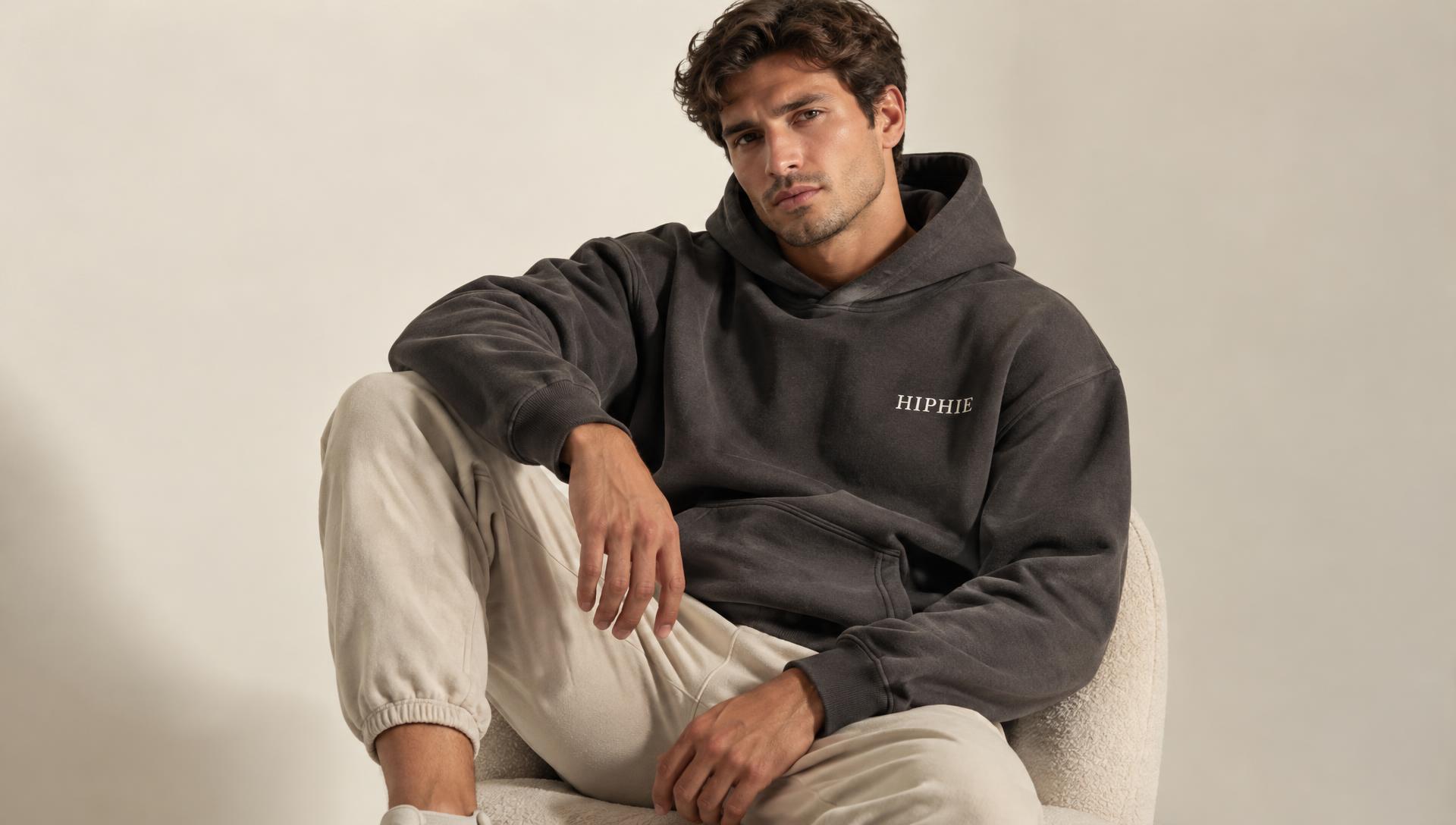 Model wearing the HIPHIE Premium Hoodie with embroidered chest logo